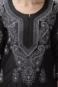 Hand Embroidered Lucknowi Chikankari Black Chanderi Kurta