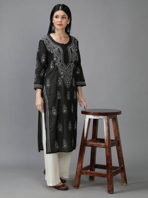 Hand Embroidered Lucknowi Chikankari Black Chanderi Kurta 5