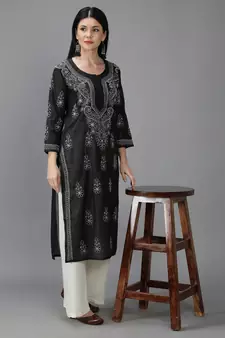 Hand Embroidered Lucknowi Chikankari Black Chanderi Kurta