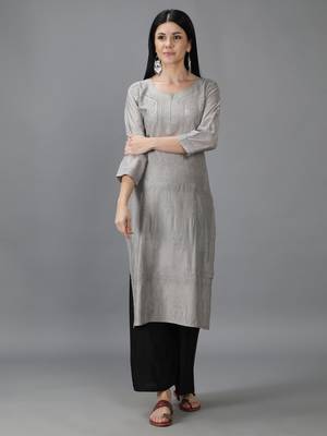 Seva Chikan Hand Embroidered Lucknowi Chikankari Grey Chanderi Kurta 1