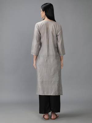 Seva Chikan Hand Embroidered Lucknowi Chikankari Grey Chanderi Kurta 2