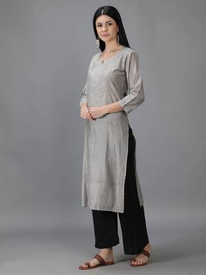 Seva Chikan Hand Embroidered Lucknowi Chikankari Grey Chanderi Kurta 3