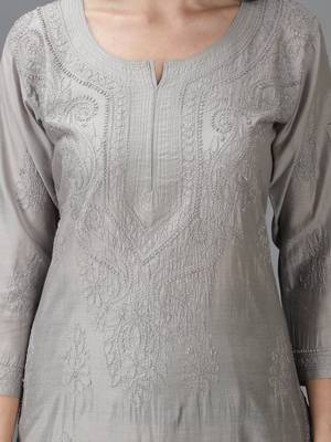 Seva Chikan Hand Embroidered Lucknowi Chikankari Grey Chanderi Kurta 4