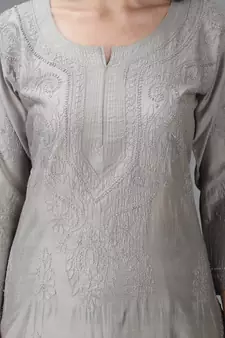 Seva Chikan Hand Embroidered Lucknowi Chikankari Grey Chanderi Kurta