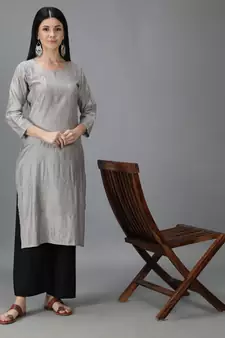 Seva Chikan Hand Embroidered Lucknowi Chikankari Grey Chanderi Kurta