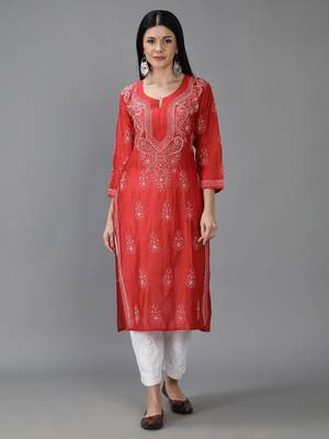 Hand Embroidered Lucknowi Chikankari Red Chanderi Kurta 1