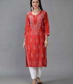 Hand Embroidered Lucknowi Chikankari Red Chanderi Kurta