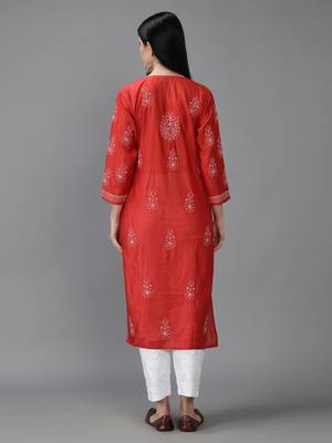 Hand Embroidered Lucknowi Chikankari Red Chanderi Kurta 2