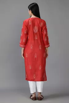 Hand Embroidered Lucknowi Chikankari Red Chanderi Kurta