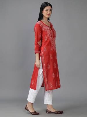 Hand Embroidered Lucknowi Chikankari Red Chanderi Kurta 3