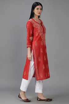Hand Embroidered Lucknowi Chikankari Red Chanderi Kurta
