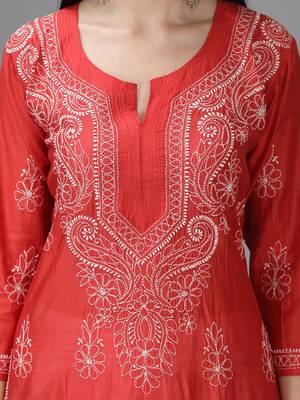 Hand Embroidered Lucknowi Chikankari Red Chanderi Kurta 4