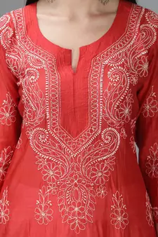 Hand Embroidered Lucknowi Chikankari Red Chanderi Kurta