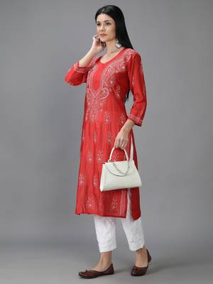 Hand Embroidered Lucknowi Chikankari Red Chanderi Kurta 5