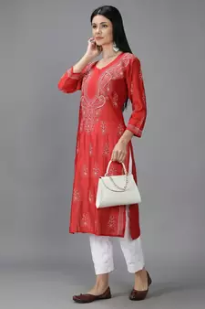 Hand Embroidered Lucknowi Chikankari Red Chanderi Kurta