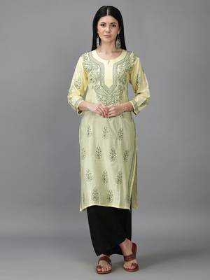 Hand Embroidered Lucknowi Chikankari Lemon Chanderi Kurta 1