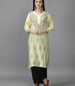 Hand Embroidered Lucknowi Chikankari Lemon Chanderi Kurta