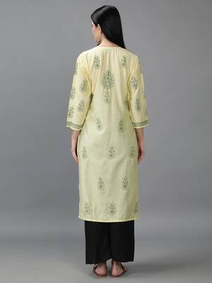 Hand Embroidered Lucknowi Chikankari Lemon Chanderi Kurta 2