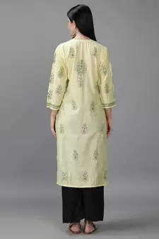 Hand Embroidered Lucknowi Chikankari Lemon Chanderi Kurta