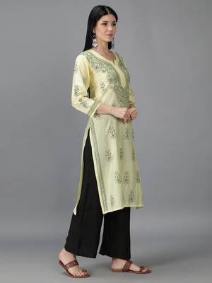 Hand Embroidered Lucknowi Chikankari Lemon Chanderi Kurta 3