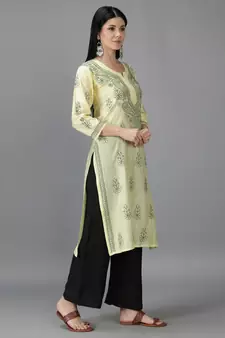 Hand Embroidered Lucknowi Chikankari Lemon Chanderi Kurta