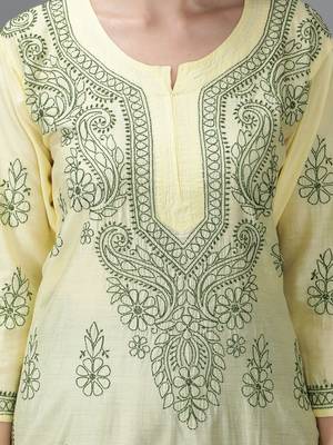 Hand Embroidered Lucknowi Chikankari Lemon Chanderi Kurta 4