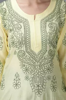 Hand Embroidered Lucknowi Chikankari Lemon Chanderi Kurta