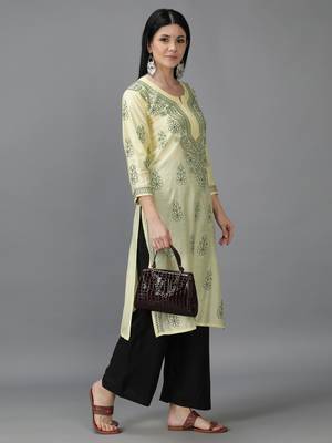 Hand Embroidered Lucknowi Chikankari Lemon Chanderi Kurta 5