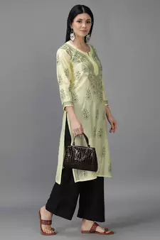 Hand Embroidered Lucknowi Chikankari Lemon Chanderi Kurta