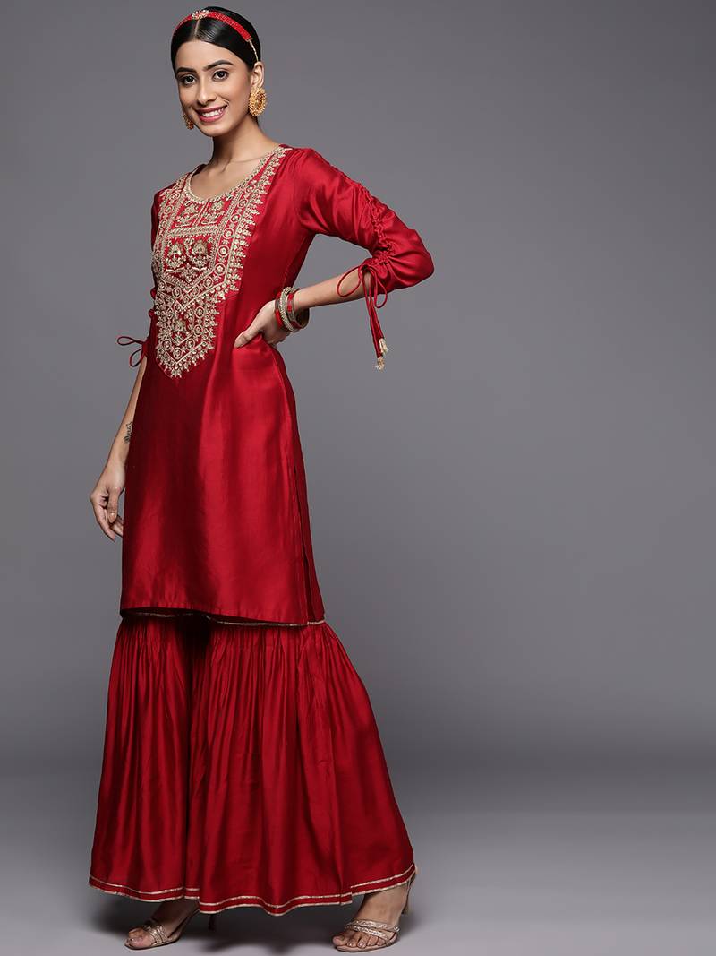 Burgundy Embroidered Straight Kurta Sharara Set With Dupatta