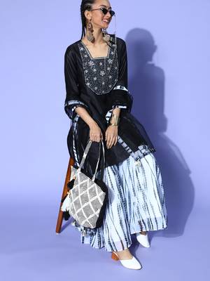 Indo Era Black Tie & Dye A-Line Kurta Palazzo With Dupatta Set 1