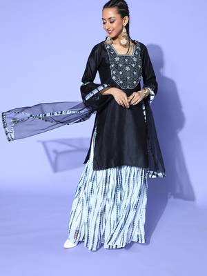 Indo Era Black Tie & Dye A-Line Kurta Palazzo With Dupatta Set 4