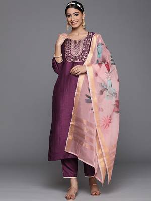 Indo Era Wine Solid Straight Kurta Trouser With Dupatta Set 1