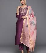 Indo Era Wine Solid Straight Kurta Trouser With Dupatta Set