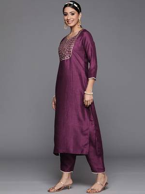 Indo Era Wine Solid Straight Kurta Trouser With Dupatta Set 3