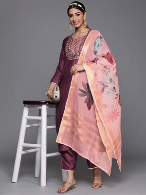 Indo Era Wine Solid Straight Kurta Trouser With Dupatta Set 4