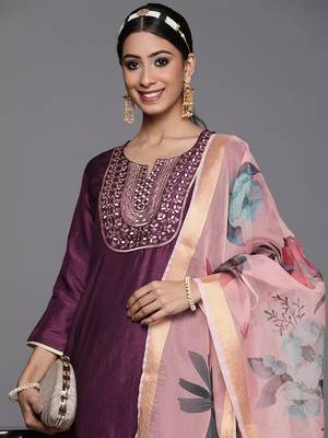 Indo Era Wine Solid Straight Kurta Trouser With Dupatta Set 5