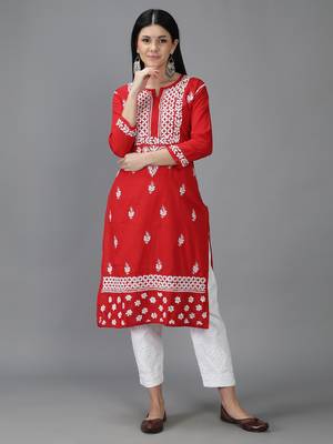Hand Embroidered Lucknowi Chikankari Red Cotton Kurta 1