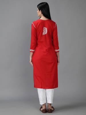 Hand Embroidered Lucknowi Chikankari Red Cotton Kurta 2