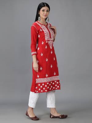 Hand Embroidered Lucknowi Chikankari Red Cotton Kurta 3