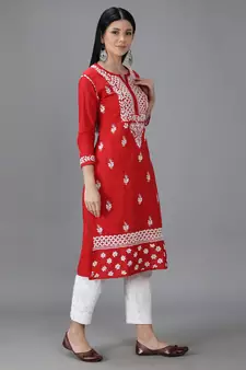 Hand Embroidered Lucknowi Chikankari Red Cotton Kurta