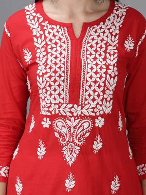 Hand Embroidered Lucknowi Chikankari Red Cotton Kurta 4