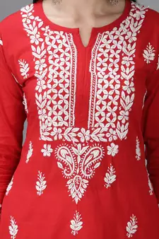 Hand Embroidered Lucknowi Chikankari Red Cotton Kurta