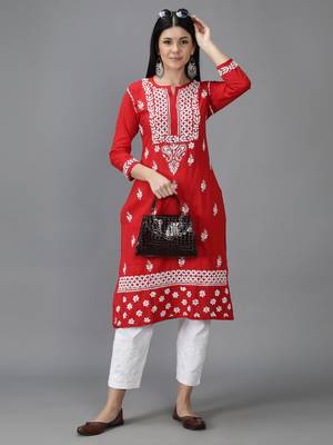 Hand Embroidered Lucknowi Chikankari Red Cotton Kurta 5
