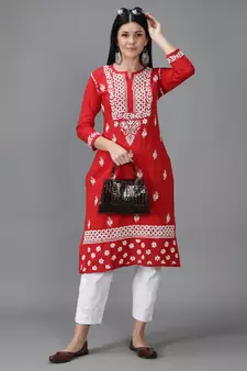 Hand Embroidered Lucknowi Chikankari Red Cotton Kurta