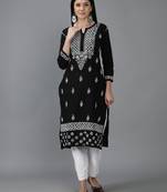 Hand Embroidered Lucknowi Chikankari Black Cotton Kurta