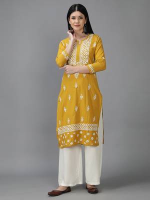 Hand Embroidered Lucknowi Chikankari Mustard Cotton Kurta 1
