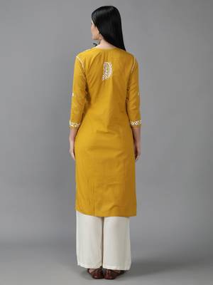 Hand Embroidered Lucknowi Chikankari Mustard Cotton Kurta 2