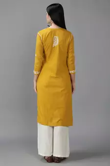 Hand Embroidered Lucknowi Chikankari Mustard Cotton Kurta