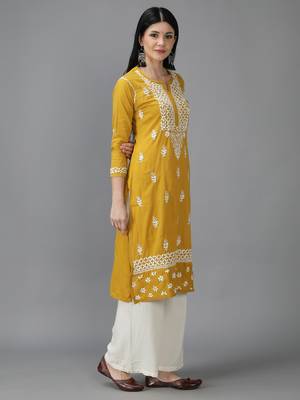 Hand Embroidered Lucknowi Chikankari Mustard Cotton Kurta 3